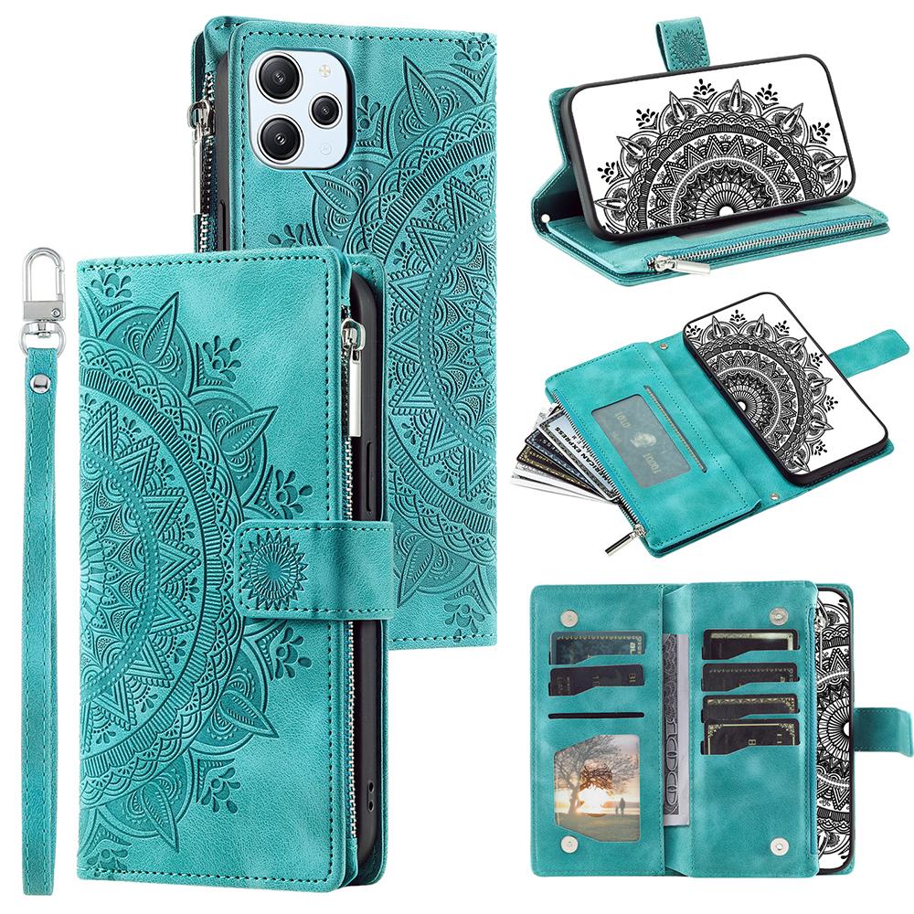 

For Xiaomi Redmi 12 4G PU Leather Mandala Flower Imprinted Stand Cover Card Holder Zipper Pocket Wallet Phone Case with Strap Green