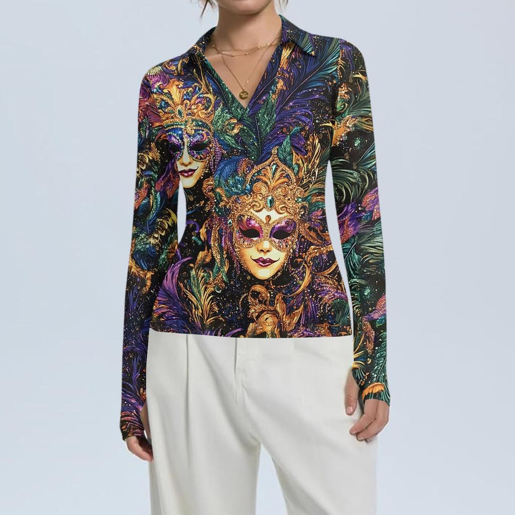 Women's Fashion Casual Print V-Neck Long Sleeve Button-Down Top