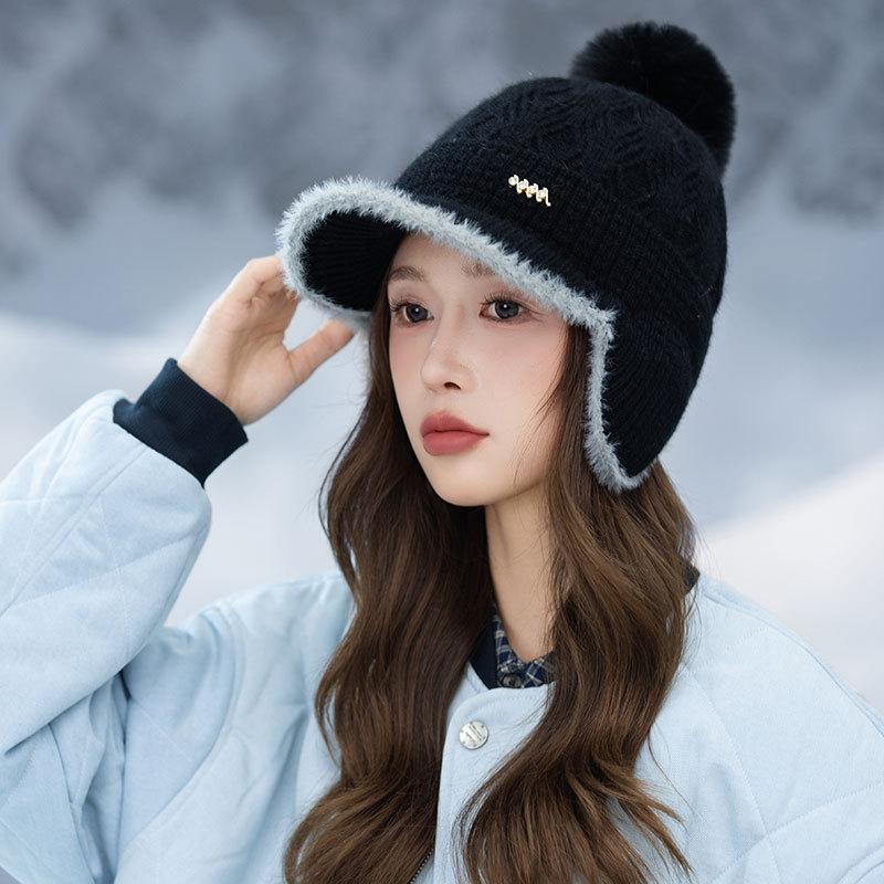 New Fleece Thickened Knitted Cap Women's Autumn and Winter Ear Bag Warm Wool Baseball Cap