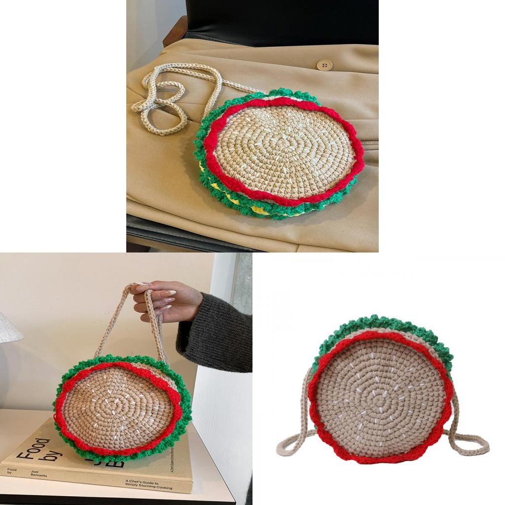 Knit Cute Hamburger Mini Shoulder Bag With Zipper Closure For Casual Travel