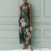 Retro Dark Green Oil Painting Flower Neck Sleeveless Dress Single-breasted Split-ended Temperament Long Dress
