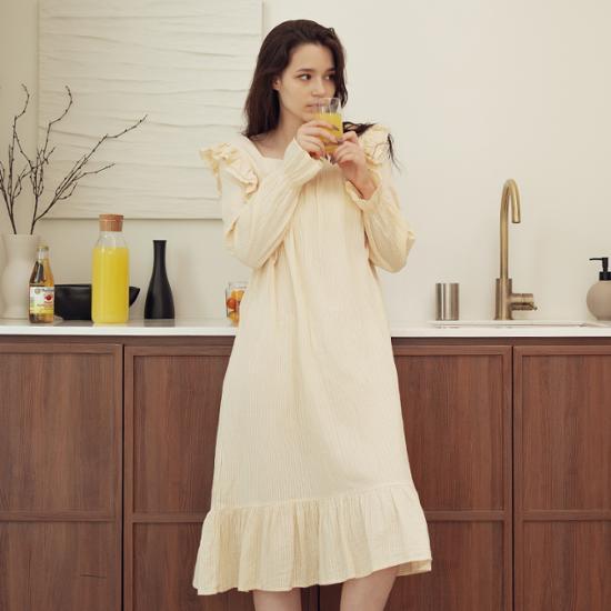 RYMD Healing Pajamas Square Neck Frill Decoration Yellow One Piece Homewear