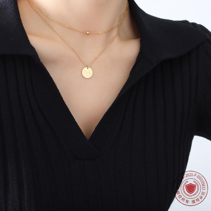 18K Gold Plated Lucky Round Pendant Double Layer Clavicle Necklace - European and American Style