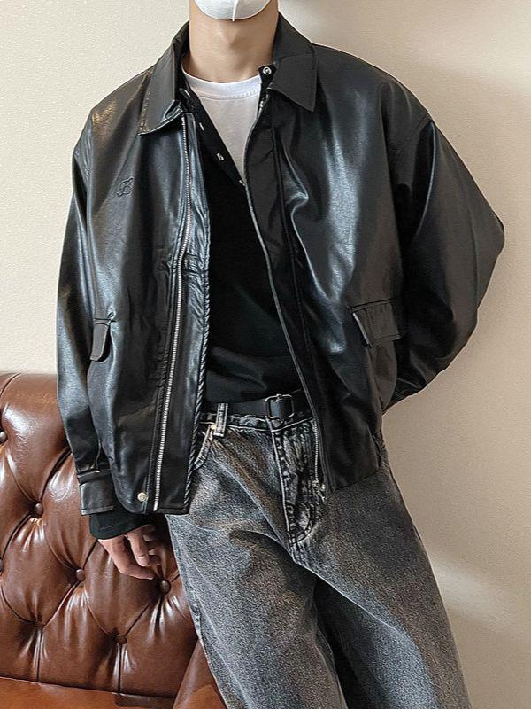 Pánská retro motorkářská bunda s klopami z PU kůže - Ležérní jarní/podzimní styl