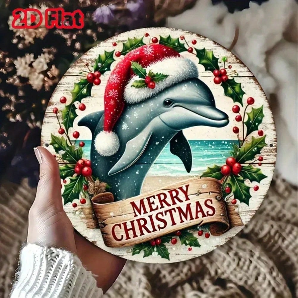 

Round Dolphin Christmas Santa Ornament Aluminum Wall Decor Holiday Sign With Holly Snowflakes 20x20 різнокольоровий
