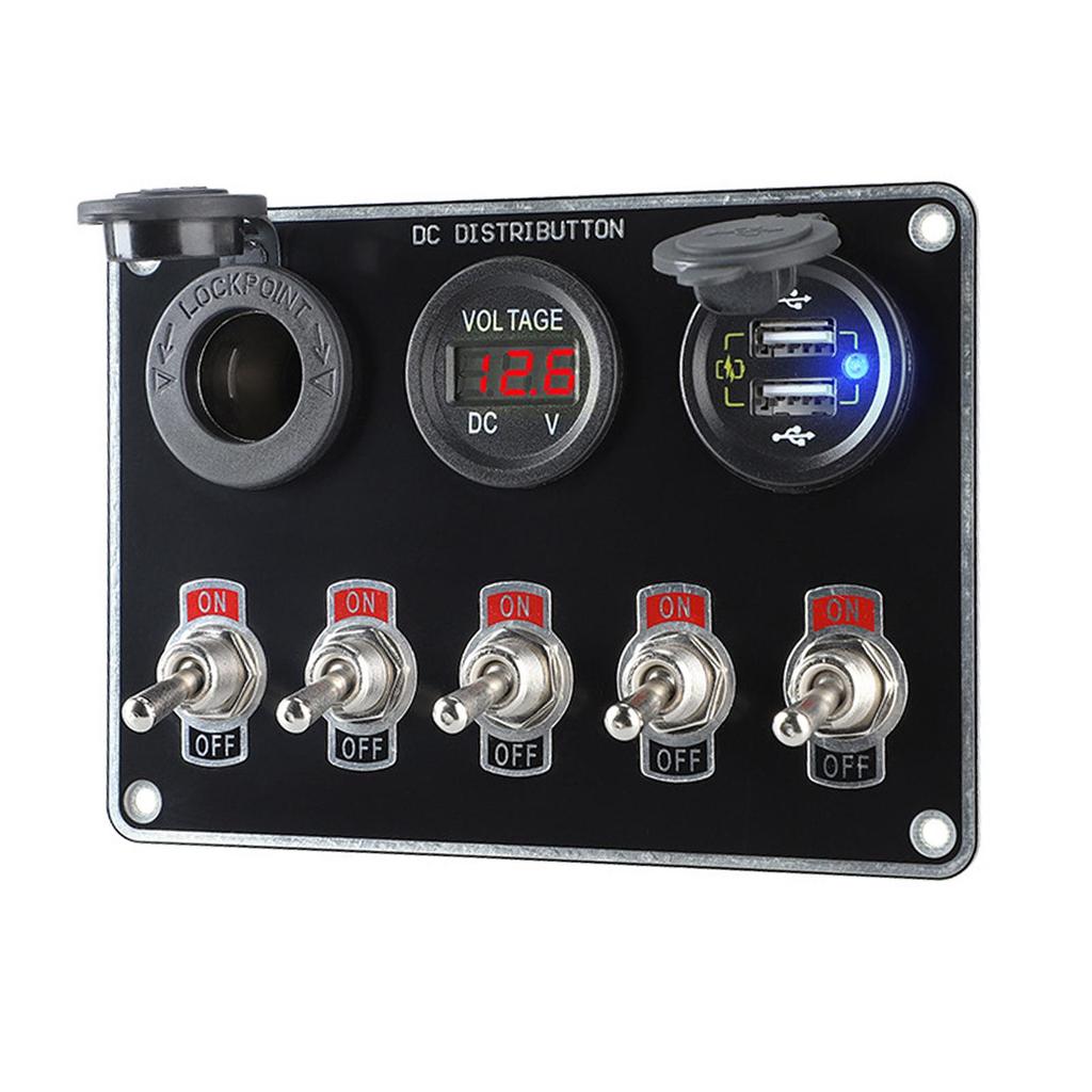 Multi-Function 5 Gang Rocker Toggle Switch Panel USB Charger Waterproof Control Relay System Circuit Control Boat Truck RV