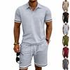Mens British Style Turn Down Collar Short Sleeve Polo And Shorts Casual Sports Two Piece Set