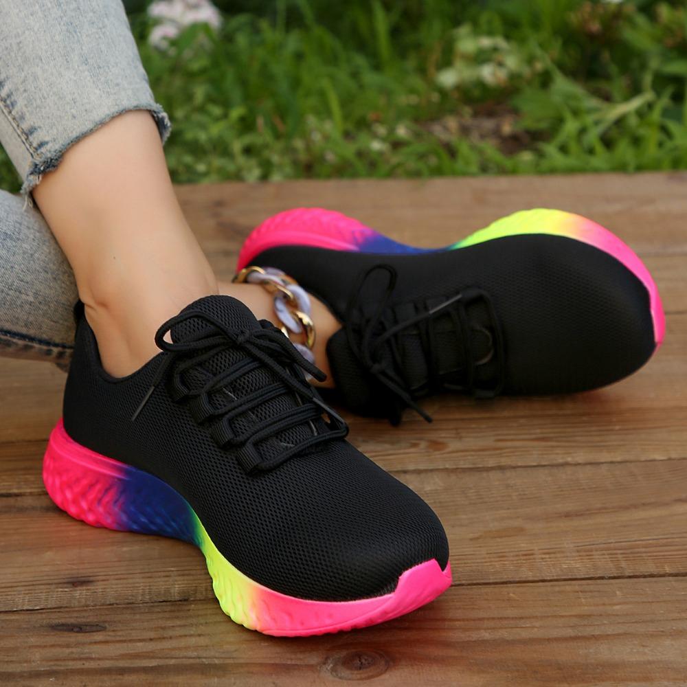 Fashion 36-43 Plus Sneakers Women's Casual Mesh Hollow Breathable Lace Up Light Rainbow Bottom Comfort Sport Shoe Zapatos De Mujer