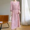 Acetic Acid Satin V-neck Dress for Women Summer New Versatile Floral Midi Skirt High-end Light Luxury Long-cut Skirt Three-quarter Sleeves