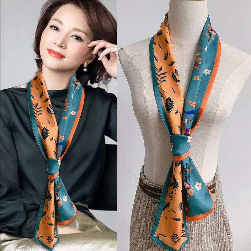 Luxury Silk Long Scarf Women Bag Handle Ribbon Ladies Plaid Print Headband Small Hair Scarves Band Female Handkerchief