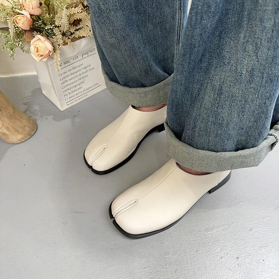 Johnature Düz Renk Hakiki Deri Topuklu İngiliz Tarzı Ayrık Toe Çok Yönlü Alçak Topuk Kadın Ayakkabı