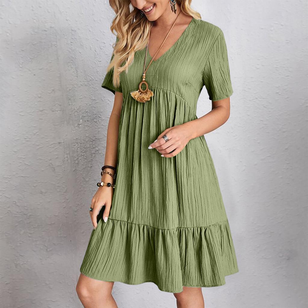 Women's  Color Casual Fashion V-neck Short Sleeved Dress