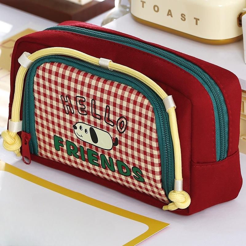

1pcs Lovely Dog Pencil Bag Pen Case, Cute Cartoon Retro Plaid Pattern Large Capacity Storage Pouch for Stationery Student A7877 красный