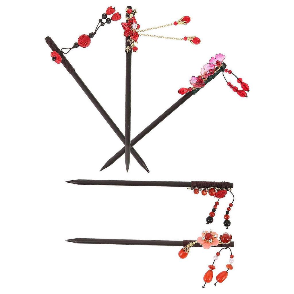 5PCS Chinese Hair Stick with Tassel: Wood New Year Hairpin - Traditional Hanfu Hair Accessories for Women - Dangle Tassel Pins for Bun Updo Hairstyles