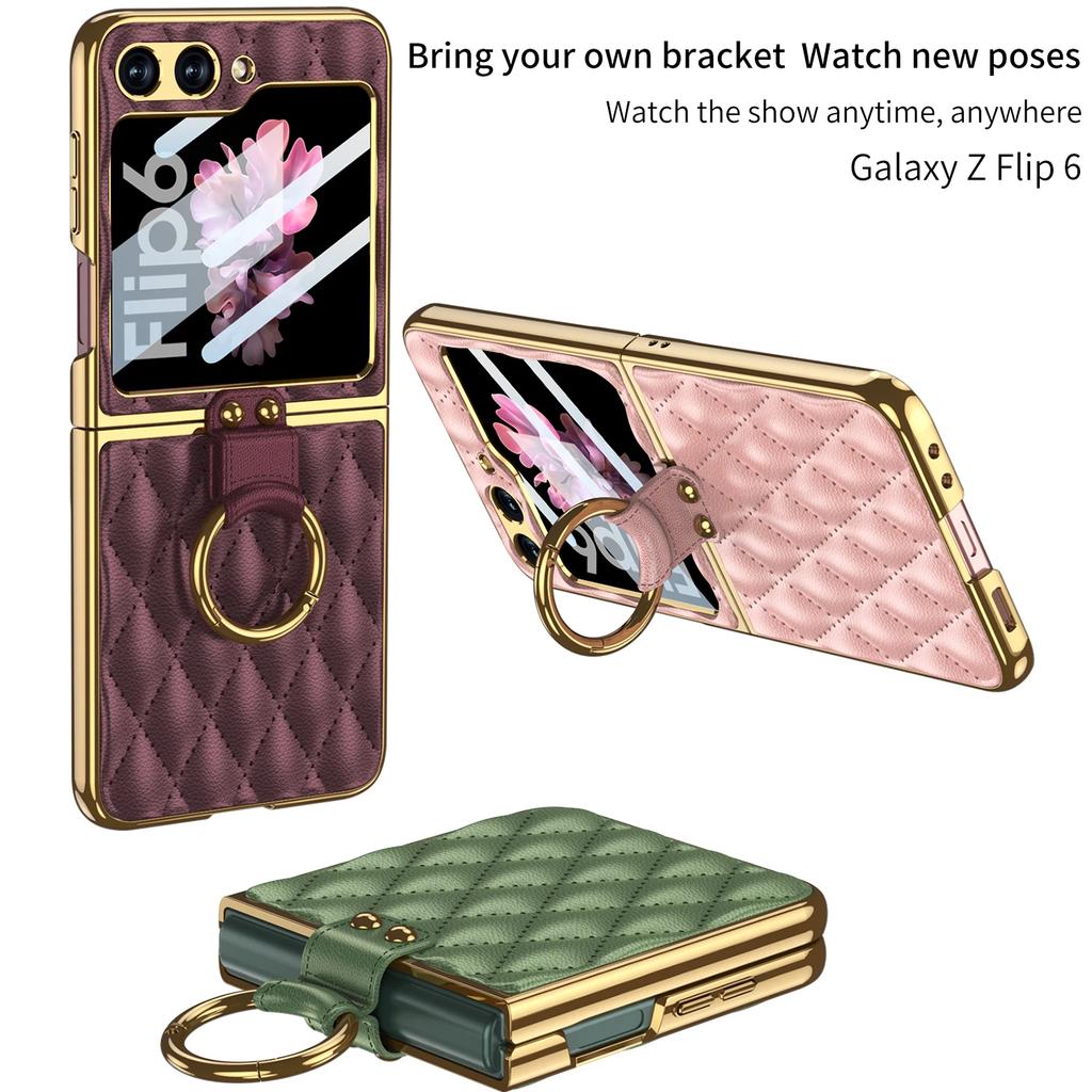 For Samsung Galaxy Z Flip 6 5 Case Diamond Leather Ring Holder Back Screen Protector Plating Edge Cover for Galaxy Z Flip6 Case