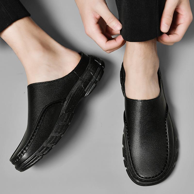 Half-drag leather shoes without heel casual lazy slippers breathable beanie shoes half-tray sandals