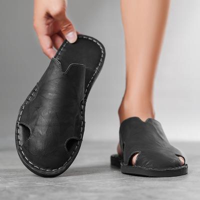 Men Slippers Handmade Simple Flats Brown Leather Sandals Black Summer Roman Sandals Closed Toe Beach Shoes Plus Size