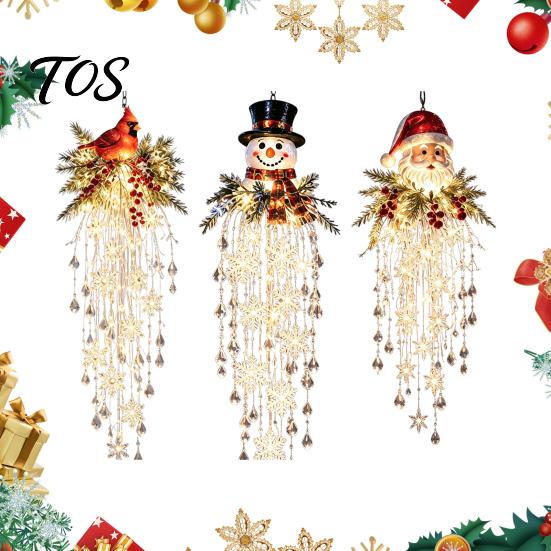 Christmas Gift for Friends Crystal Waterfall Lights, LED Warm White Snowman Pendant Decorative Pine Branch Pendants Light with Snowflake Droplets,