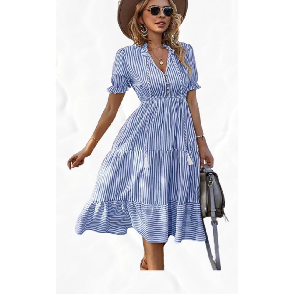 Women's striped dress, V-neck elastic waist, short-sleeved, wide-swing dress