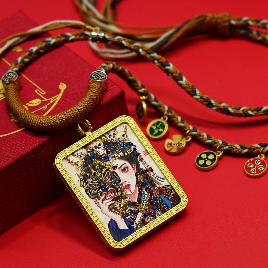 Classic Gold Tone Thangka Necklace: Multicolored Tibetan Zhakilamu, Female Wealth, Dazzling Colors, Semi-Handmade.