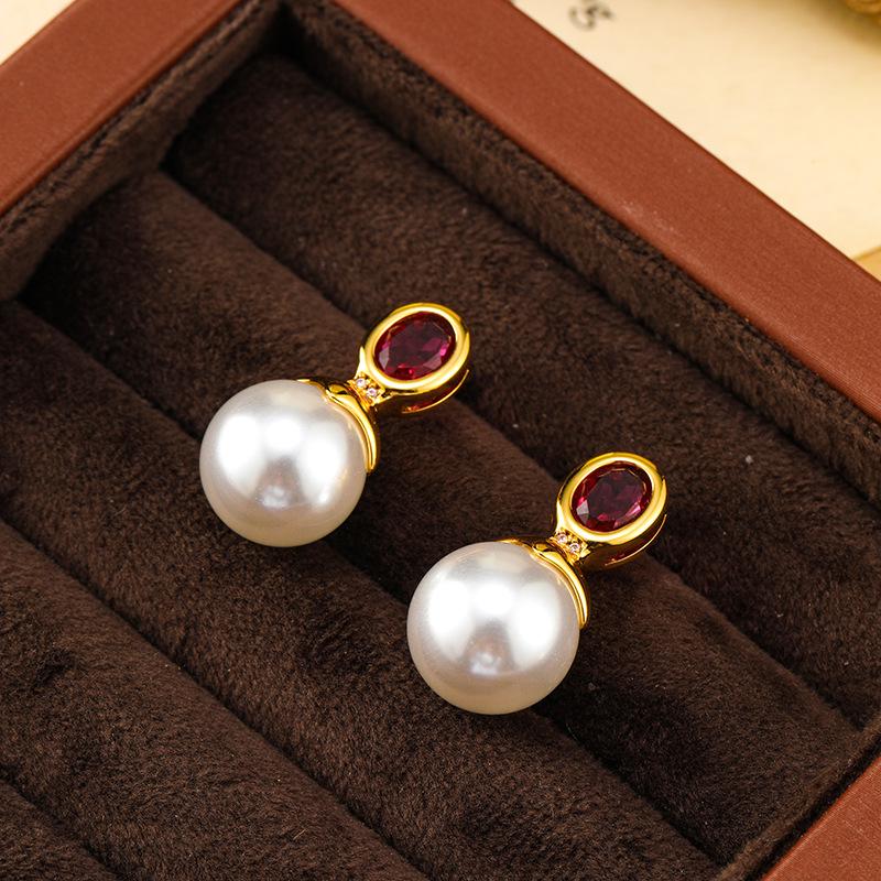 

Французские ретро серьги-пусеты высокого класса с красным жемчугом и рубинами