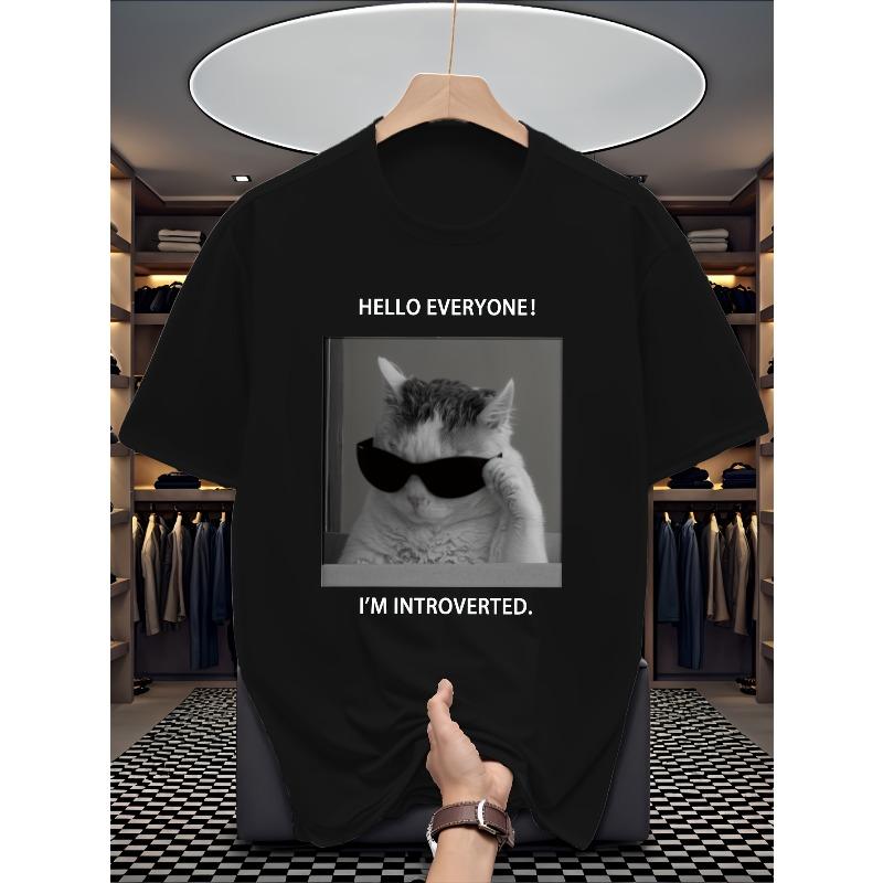 

European Size Men s Pretending to Be Socially Awkward Cat Letter Print Versatile Casual Sporty Short-Sleeve T-Shirt 4XL чорний