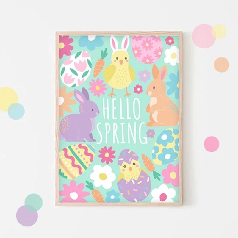 Hello Spring Cute Easter Wall Art, Spring Decor, Pastel Colours Print, Kids Room, Children's Room Decor Canvas Poster Artwork
