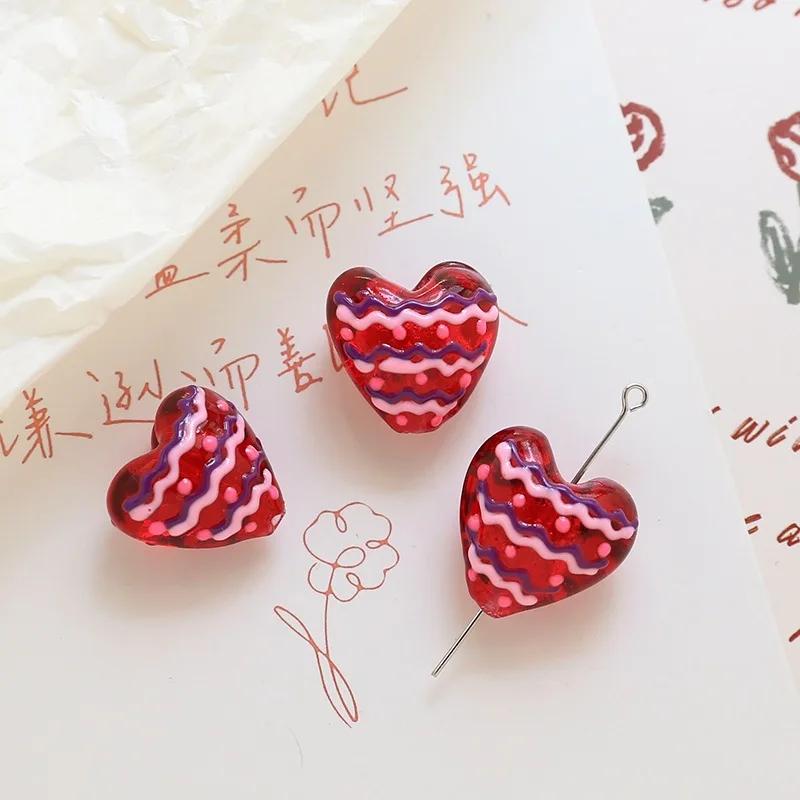 TX76 20mmx19mm 2pcs Cute Glass Petite Heart Beads DIY Straight Hole Exquisite Making Heart Love Red Handmade Bracelet Material