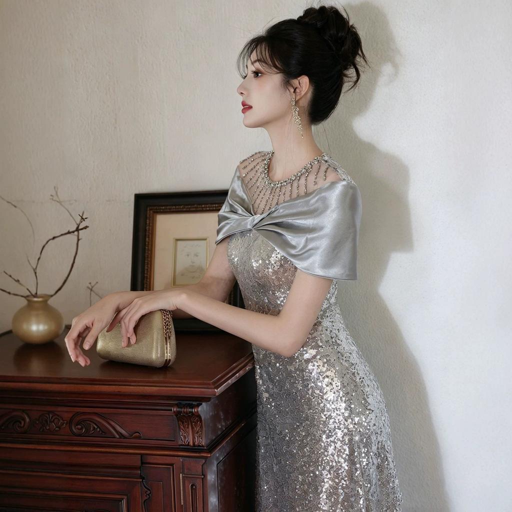 Silver evening dress 1011 new high-end adult important occasion host graduation shoulder banquet dress