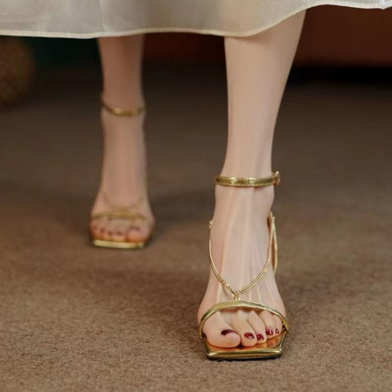 Women's Sandals High Heeled Stiletto Heel Shoes for Luxury Brand Copy Sexy Dance Party Square Toe Gold Elegant Medium Heel