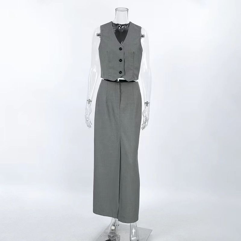 

Fashion Wind Summer Fashion Vest Split Skirt Suit Tank Top and Split Skirt Set Gray S