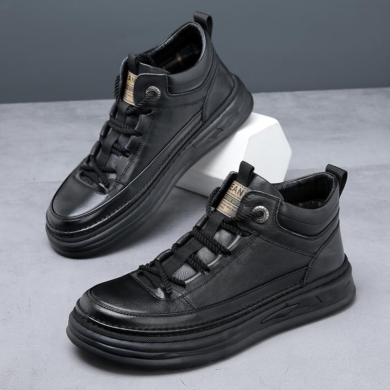 Fashion Winter Warm Plush High Top Shoes for Men's Thick Soles Wear-resistant Anti Slip Oxford Shoes Men's Genuine Leather Casual Shoes