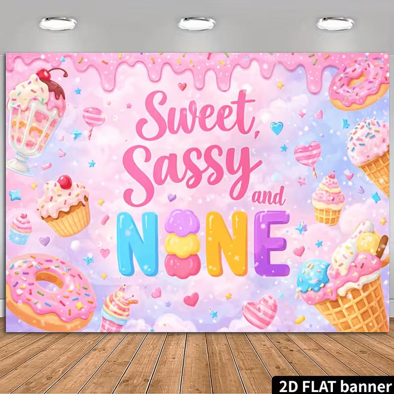 

2D Pink Candy Theme 9th Birthday Banner Sweet Sassy and Nine Background 47.2x31.5inch/120*80cm