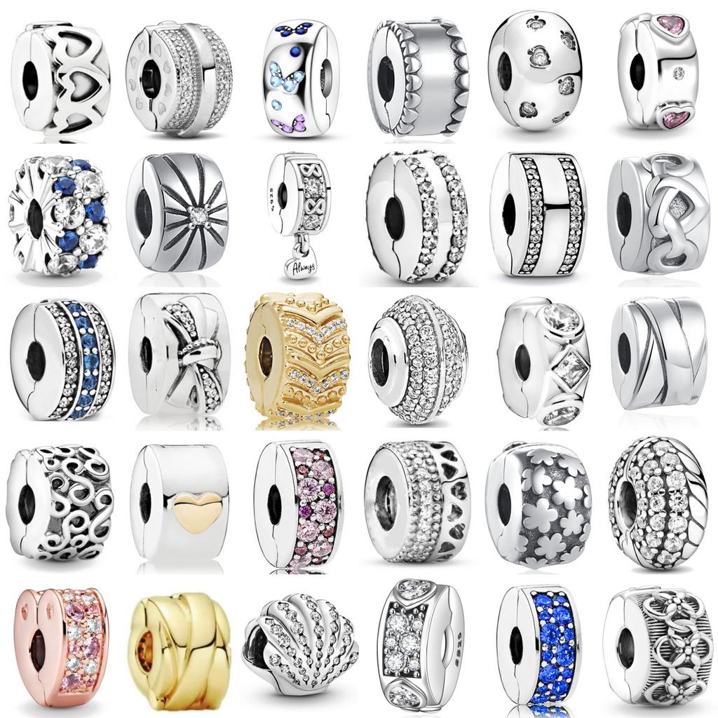 New 925 Silver Round Flower Pattern Sparkling Pink Heart-shaped Clip Charm Bead Fit for Original Bracelet DIY Women's Jewelry