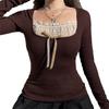 Women's Long Sleeve Knitted Tops, Lace Stitching Neckline Knitwear, Bowknot Decoration Slim-Fit Casual Pullover
