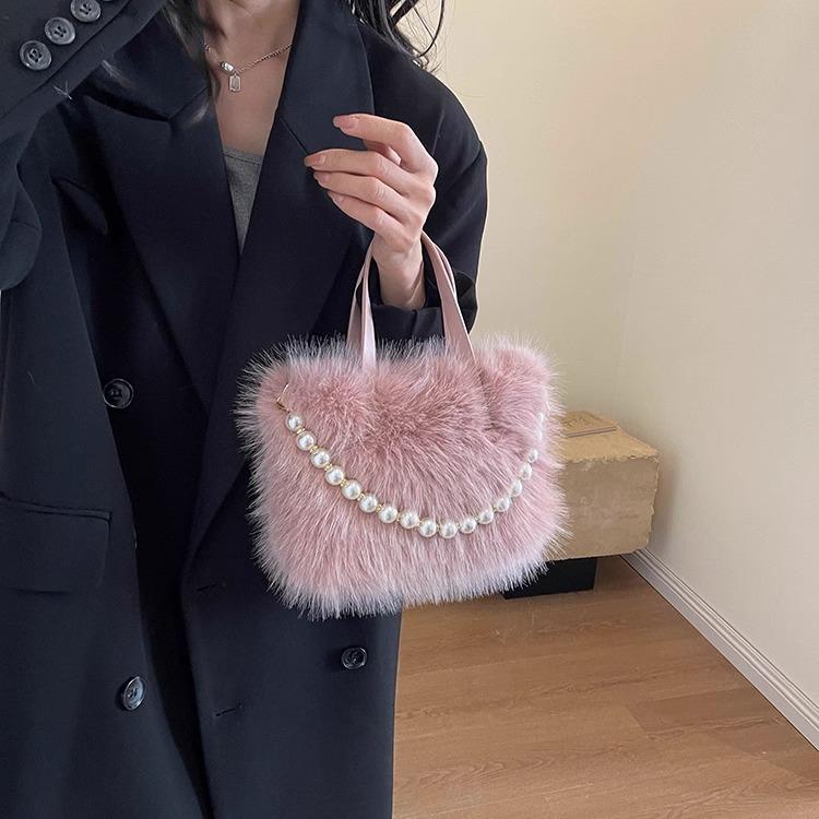 Winter New Soft Plush Portable Female Mini Handbags Fashion Versatile Pearl Small Square Women's Crossbody Bag Soft Texture Ladies Messenger Bags