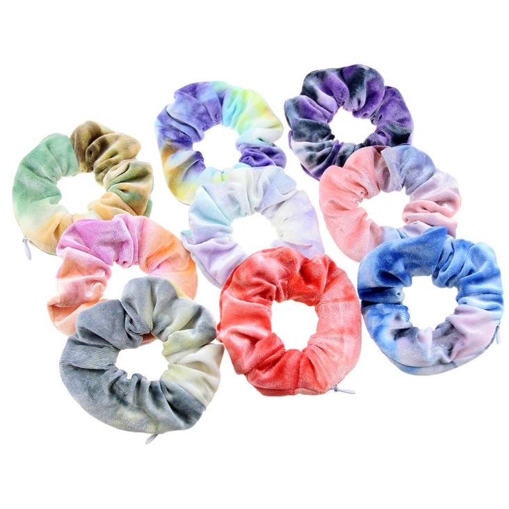 Hot Selling High Quality Elegant Zipper Velvet Material Tie Dye Design Pocket Unisex Scrunchies