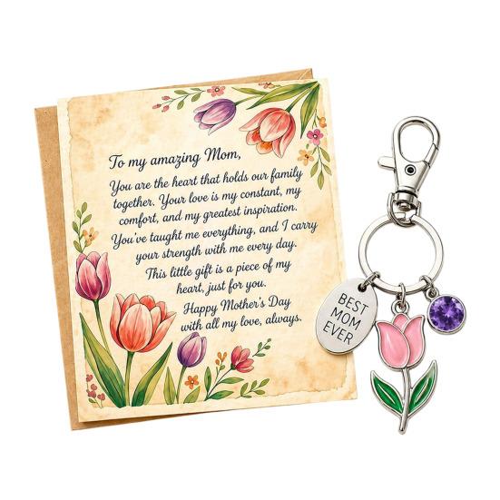 Tulip Birthstone Keychain with Inspirational Card Best Mom Ever Engraved Pendant Rhinestone Mom Bag Charm Mother’s Day Birthday Gift for Mom June