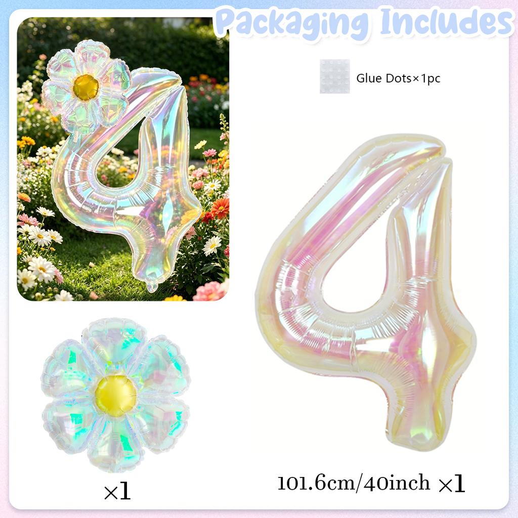 40Inch Colorful Transparent Number Balloons & Large Transparent Daisy Foil Balloons, For Birthday Party, Anniversary Decoration