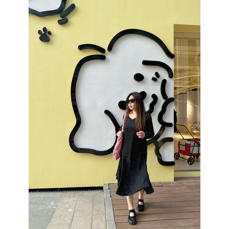 

Miss Biggie European and American Plus size French style Slimming Polka Dot Chiffon V-neck Long sleeve Irregular Hem Dress White Dot on black background XXL