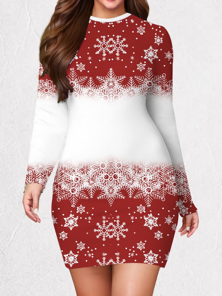 2025 Autumn and Winter New Women's Hip-wrapped Dress,3D Snowflake Printing and Dyeing Women's Fashion Long-sleeved Round Neck Hip-wrapped Dress
