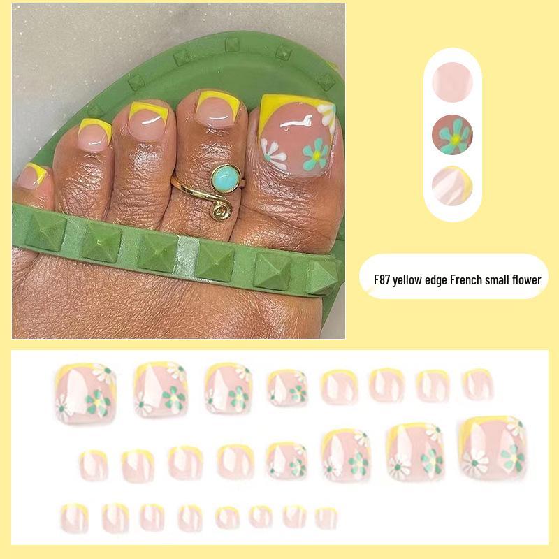 

Spring Fresh Press-On Toenails: Yellow Edge, White Tips & Green Floral Design