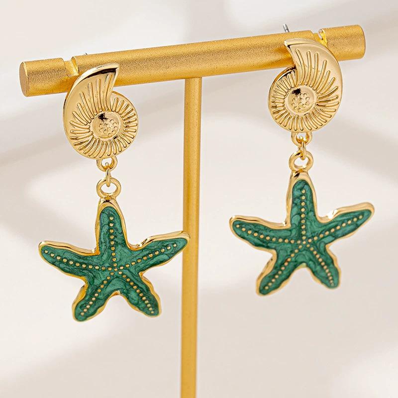 Fashion Childlike Ocean Starfish Conch Earrings Beach Vacation Wind Metal Color Women's Earrings