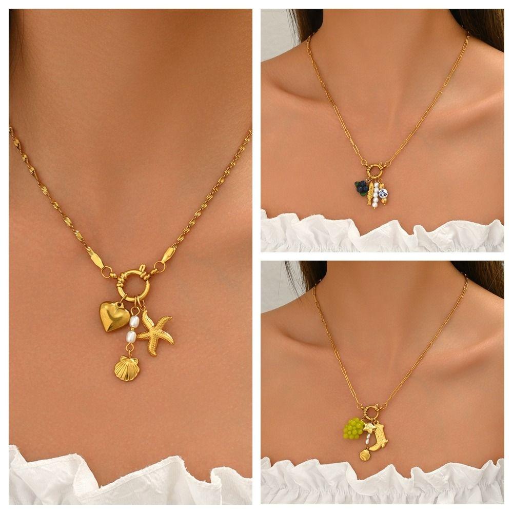 European Style Grape Blueberry Necklace Trendy Imitation Pearl Necklace Shell Pendant Choker  Party