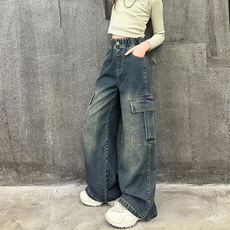 Girls' Pants Spring and Autumn Retro Jean Denim Work Pants Girls' Straight Leg Pants Wide Leg Pants