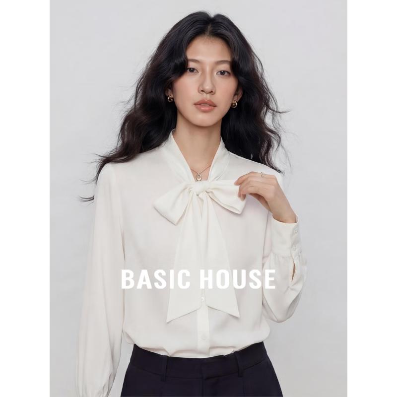 

Базовая женская рубашка с длинным рукавом и бантом Basic House S
