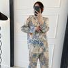 Leichter Luxus Frühling und Sommer Neu Seidiges Pyjama-Set Damen Monet Blume High-End Langarm-Cardigan Loungewear Set