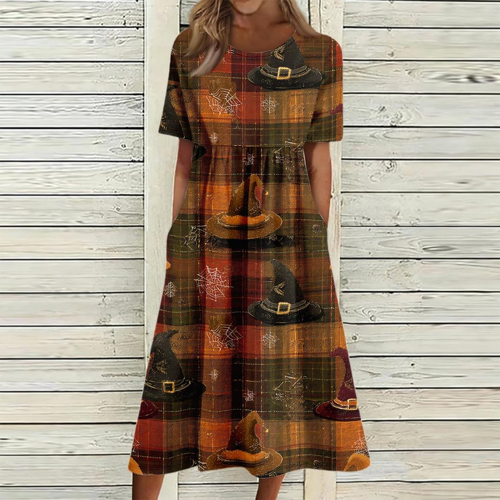 Women's Casual Halloween Printed Dress Short Sleeve Round Neck Pocket Midi Dress Plaid Pattern Comfortable Fit