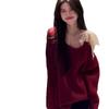 Korean High-End Lace Bow Off-Shoulder Blue Sweater - Women's Autumn/Winter Relaxed Fit Top