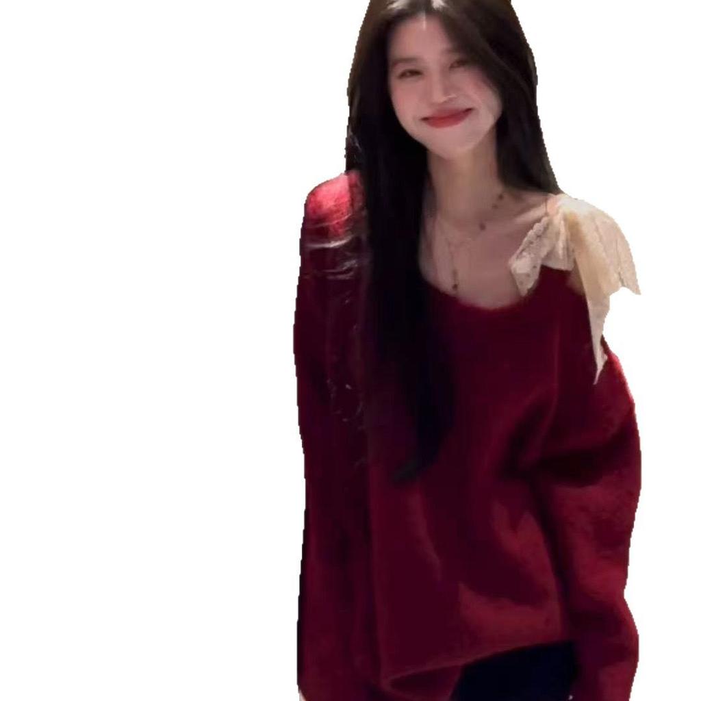 Korean High-End Lace Bow Off-Shoulder Blue Sweater - Women's Autumn/Winter Relaxed Fit Top
